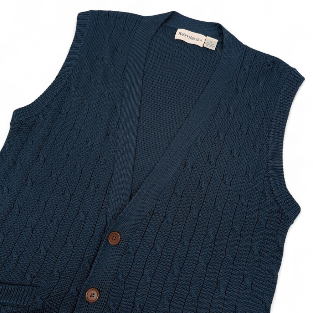 Barry Bricken Cable Knit Silk Cardigan Vest Mens‎ Medium Navy Blue Old Money
